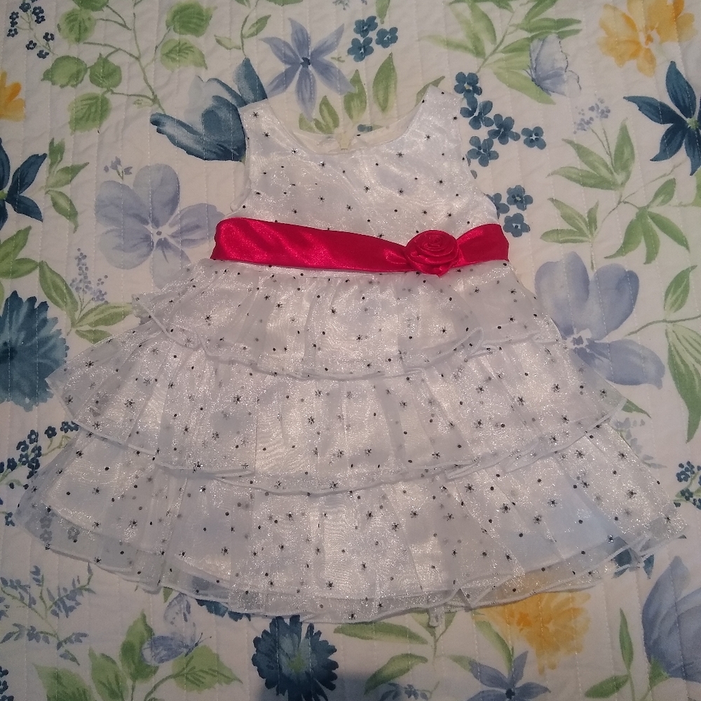 Special Occasion Infant Girl White Dress with red rose and ribbon at the waist